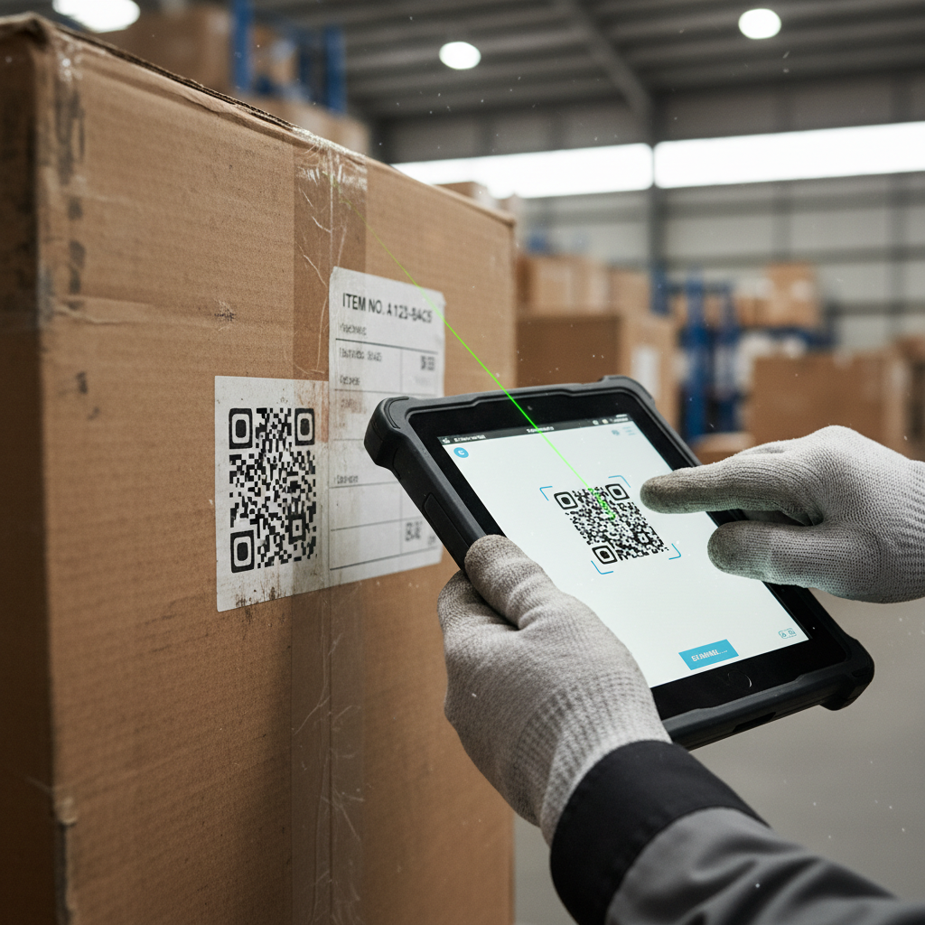 Close up of a worker using a tablet to manage the griffin air freight visibility platform in a warehouse.