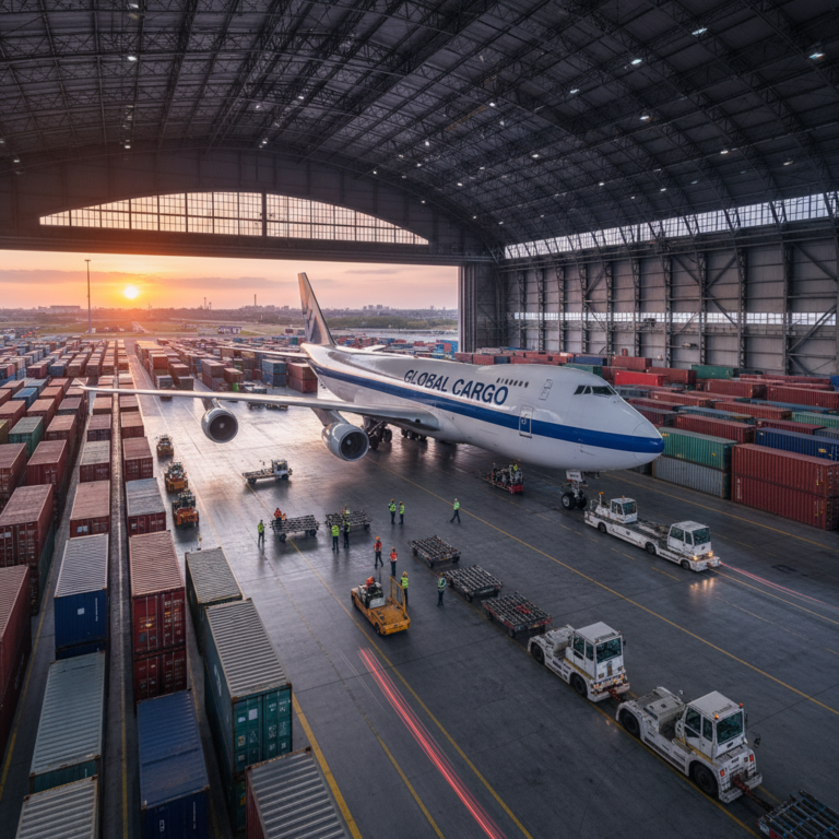 Wide view of a cargo airport hub showing the scale of the griffin air freight visibility platform in action.