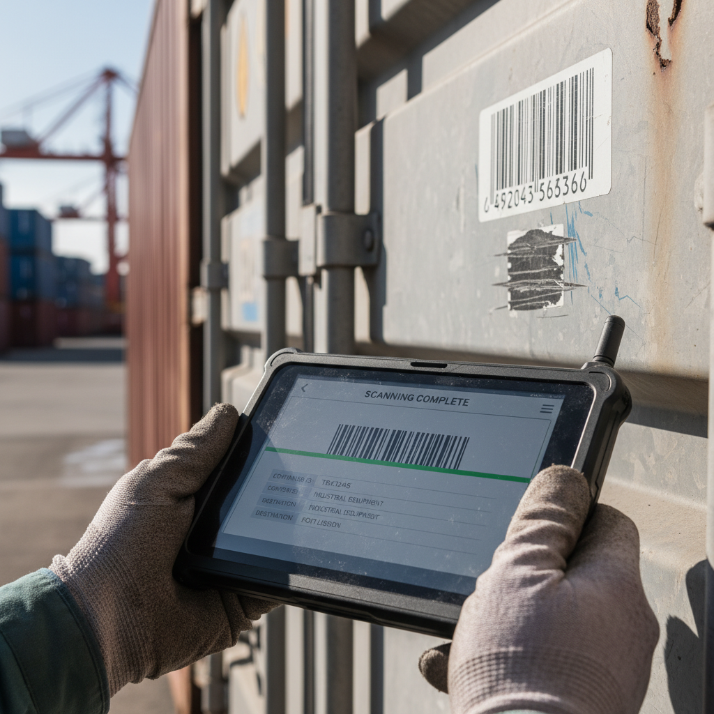 Close up of a logistics worker using a tablet for griffin air real-time cargo tracking on a shipping container.