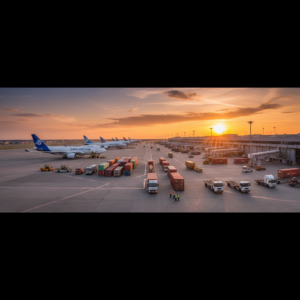Wide view of an airport cargo terminal at dusk showing griffin air real-time cargo tracking facilities and planes.