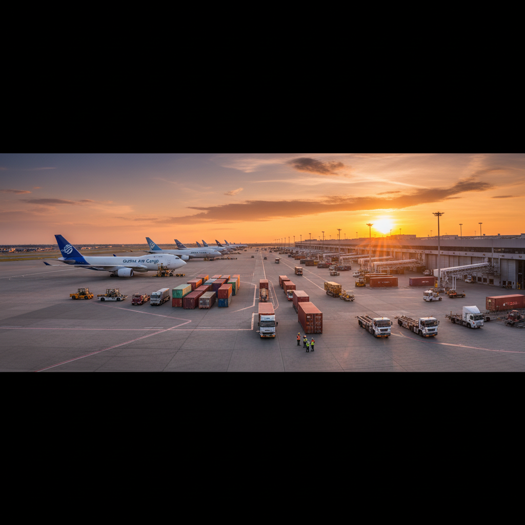Wide view of an airport cargo terminal at dusk showing griffin air real-time cargo tracking facilities and planes.