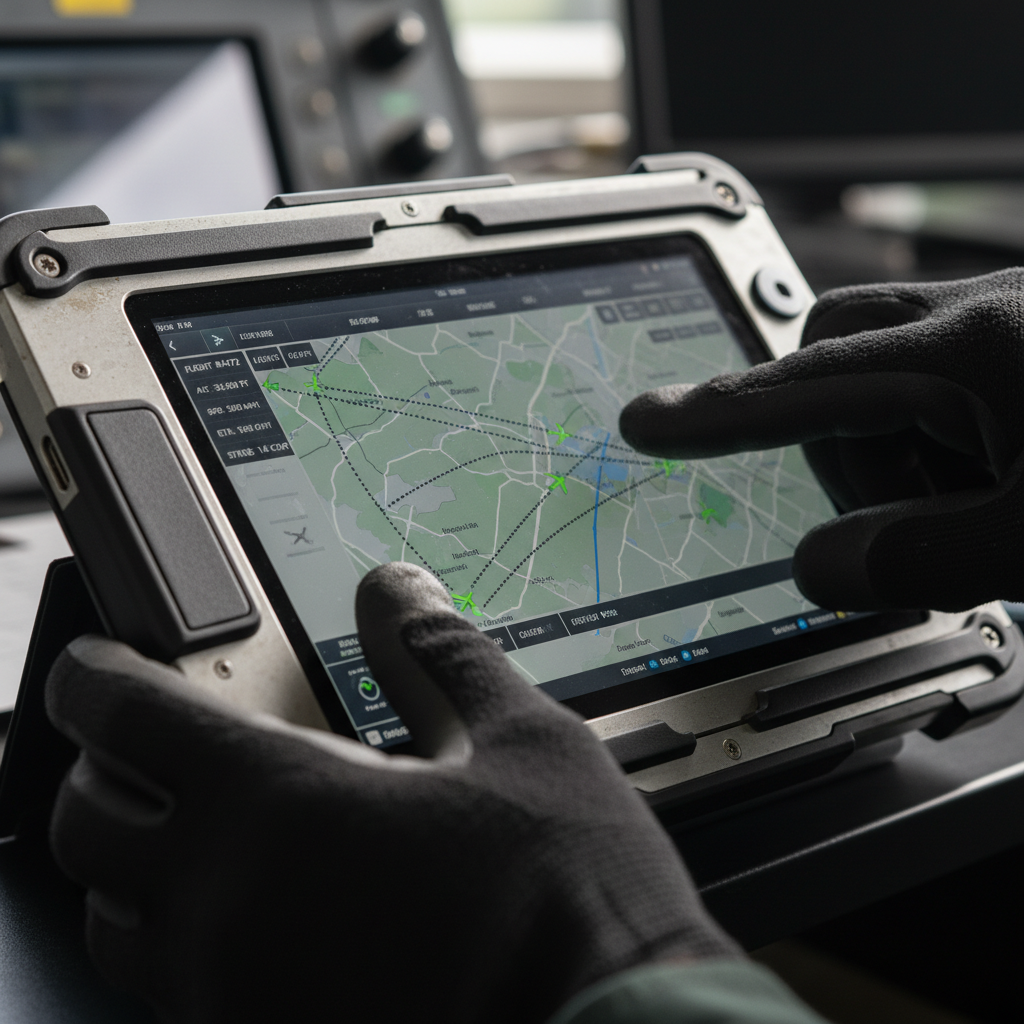 Technician hands using a digital interface for griffin air tracking operations in a high-tech facility.
