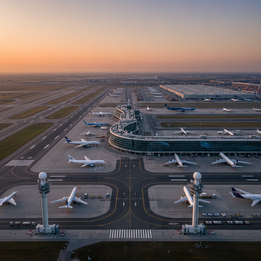 Wide panoramic view of an airfield infrastructure used for griffin air tracking systems under a morning sky.