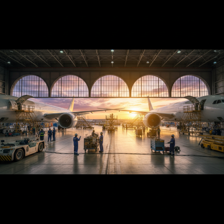 Wide hangar view with aircraft showing how asset tracking works in aviation across a large scale facility.