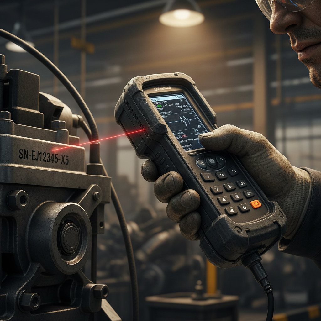 Close up of a technician using a mobile scanner for tracking aircraft components in real time during engine maintenance.
