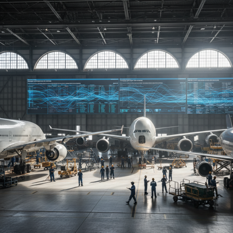Wide view of an airplane hangar where logistics systems assist in tracking aircraft components in real time across the floor.