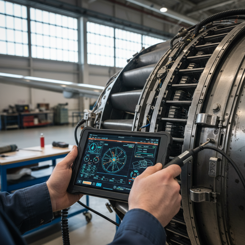 Close up of a technician checking a jet engine for aerospace production asset monitoring using a digital tablet.