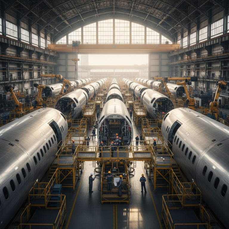 Wide view of a large aircraft hangar showcasing aerospace production asset monitoring during the assembly process.