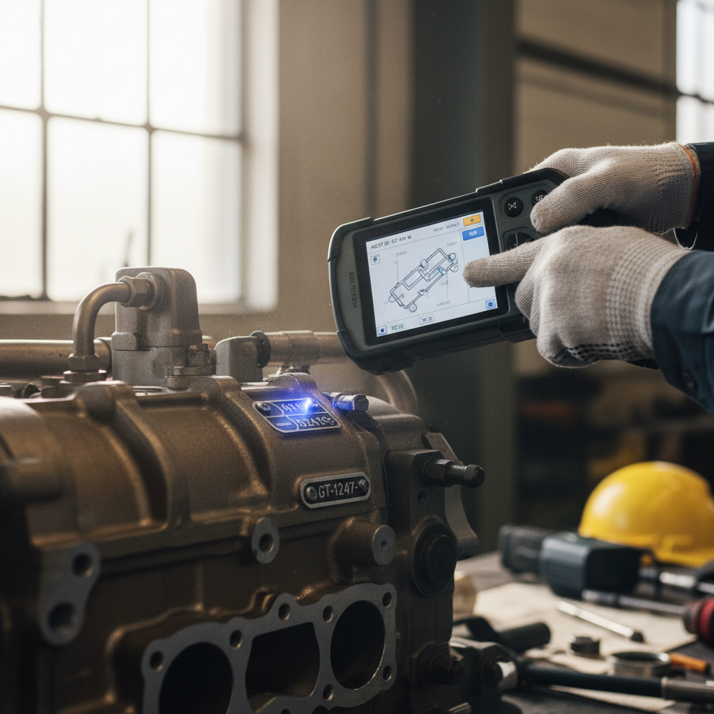 A technician uses a scanner for aircraft assembly asset tracking on a complex jet engine part in close up.