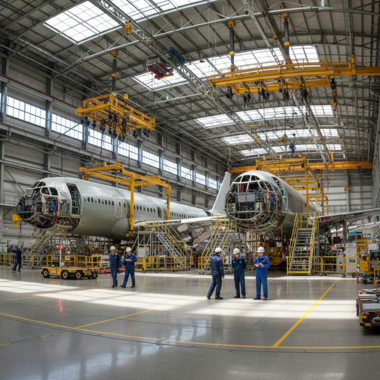 Engineers in a large hangar managing aircraft assembly asset tracking with fuselages in a professional wide shot.