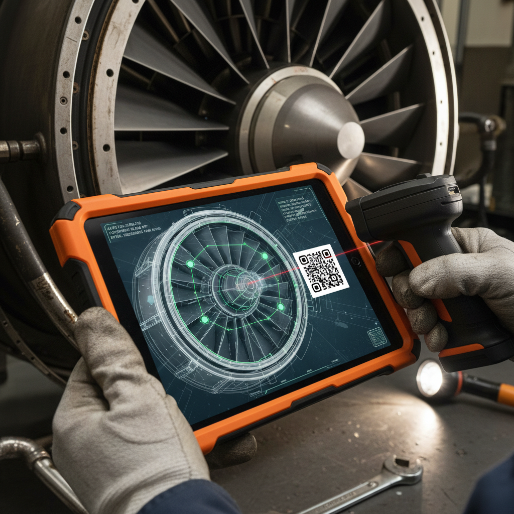 Close up of a technician scanning engine parts to ensure real time aircraft maintenance asset visibility.