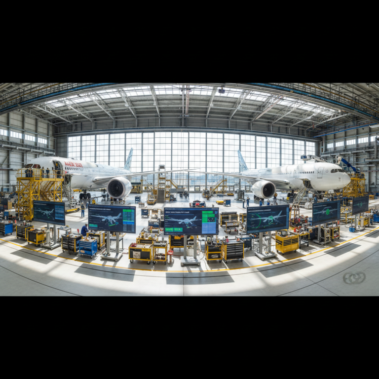 Wide view of a hangar with planes and equipment managed through aircraft maintenance asset visibility systems.
