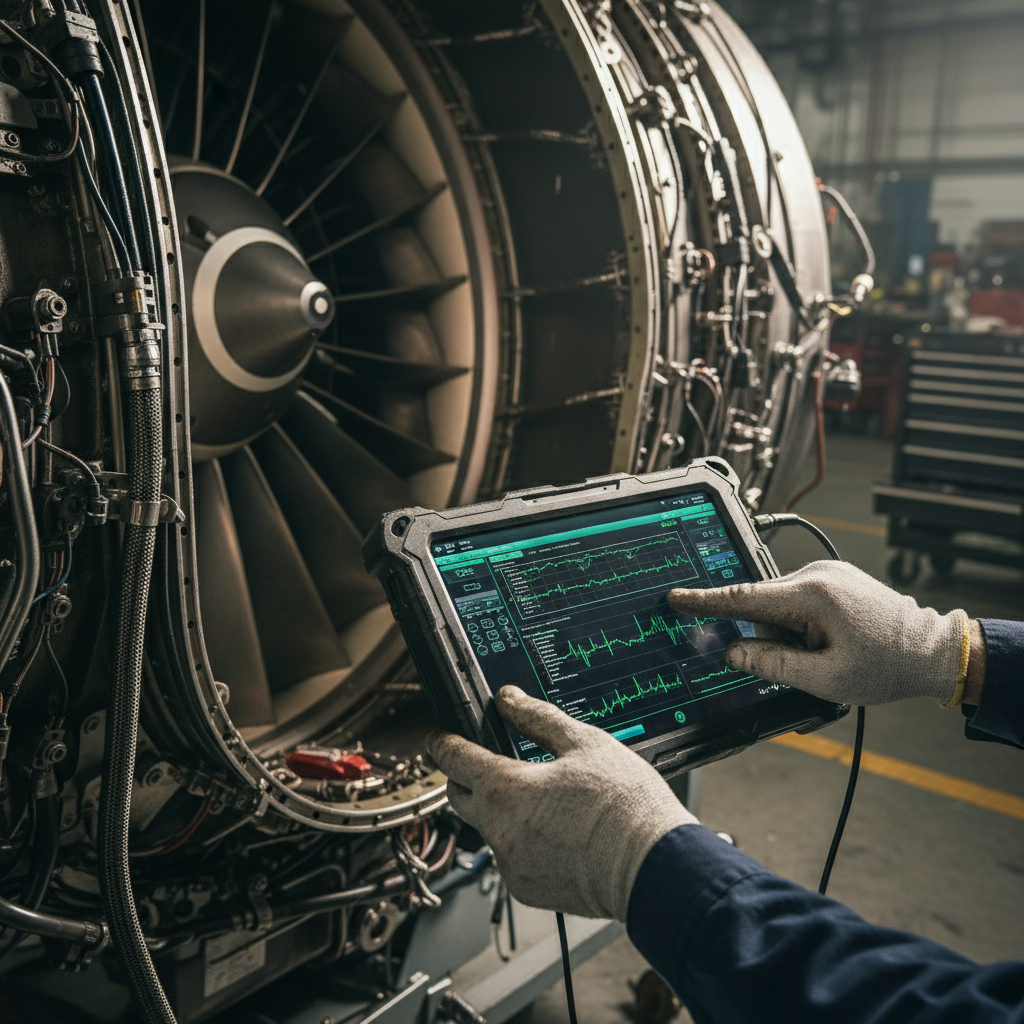 Close up of a technician using a tablet near a jet engine to improve aircraft maintenance workflow visibility and tracking.