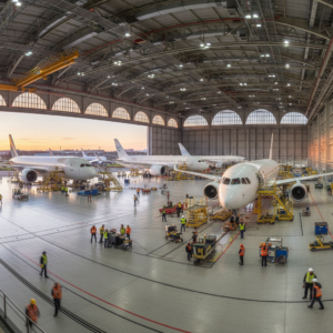 Wide view of a busy hangar showing aircraft maintenance workflow visibility through organized technician teams and large jets.