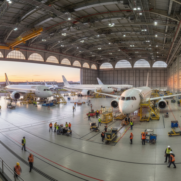 Wide view of a busy hangar showing aircraft maintenance workflow visibility through organized technician teams and large jets.