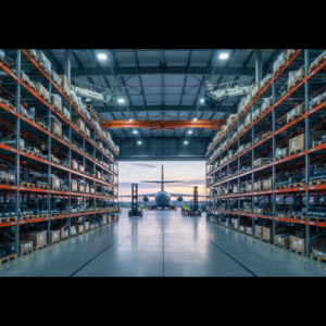 Wide panoramic view of a busy hangar and warehouse facility managing complex aircraft spare parts logistics at night.