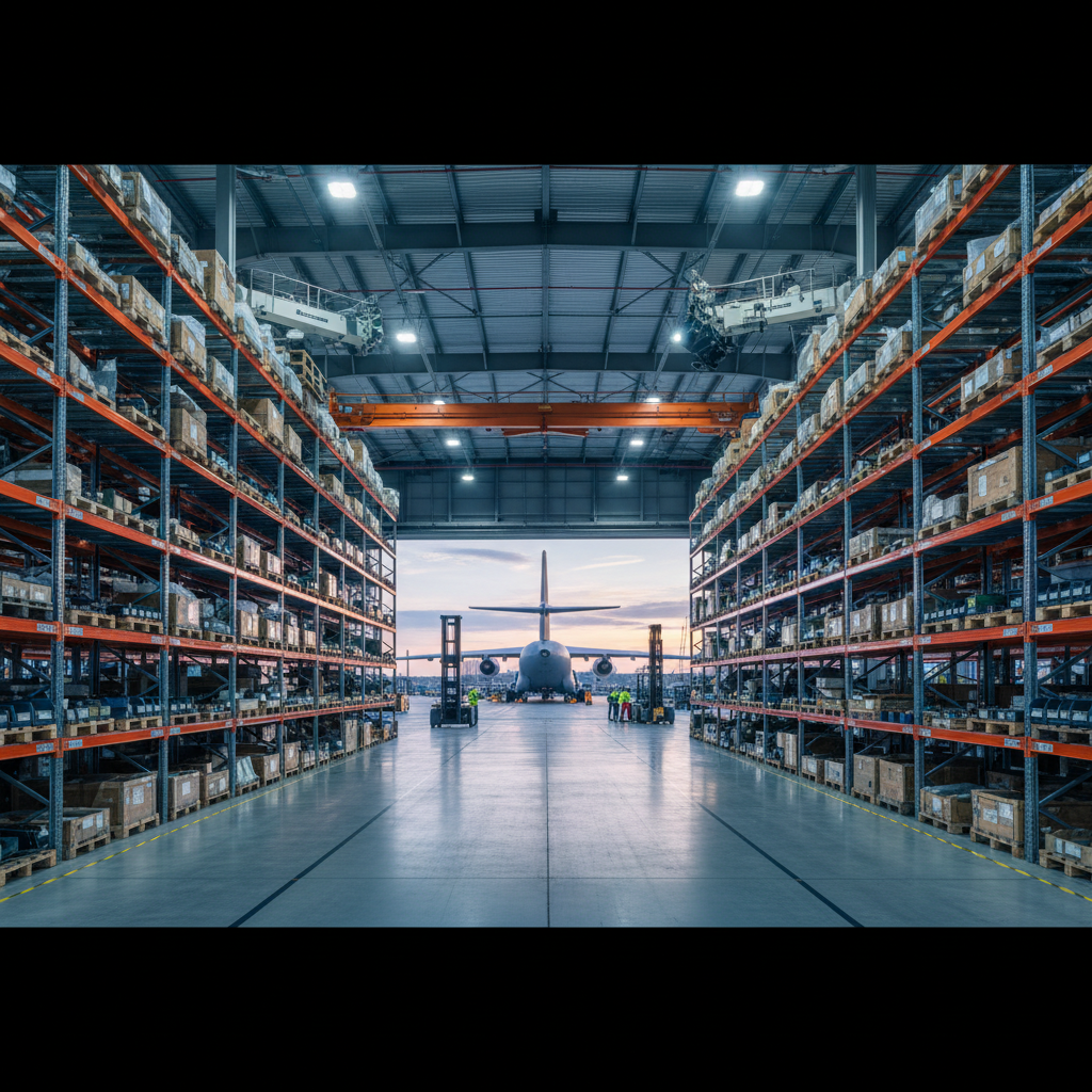 Wide panoramic view of a busy hangar and warehouse facility managing complex aircraft spare parts logistics at night.