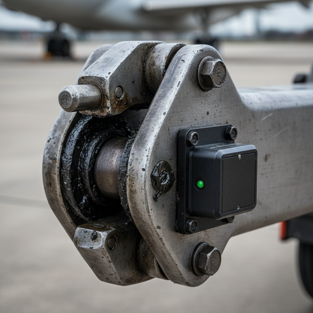 Detailed close up of a sensor on a metal hitch showing the technical side of aircraft towbar tracking equipment.
