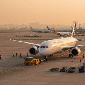 A wide view of an airplane pushback on a runway highlighting the scale of aircraft towbar tracking in ground operations.