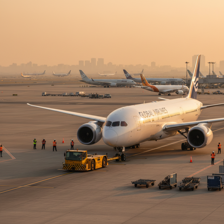 A wide view of an airplane pushback on a runway highlighting the scale of aircraft towbar tracking in ground operations.