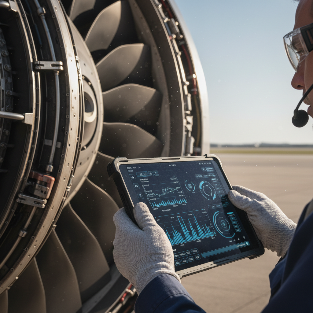 Close up of a technician using a digital tablet for airport asset management during a jet engine maintenance check.
