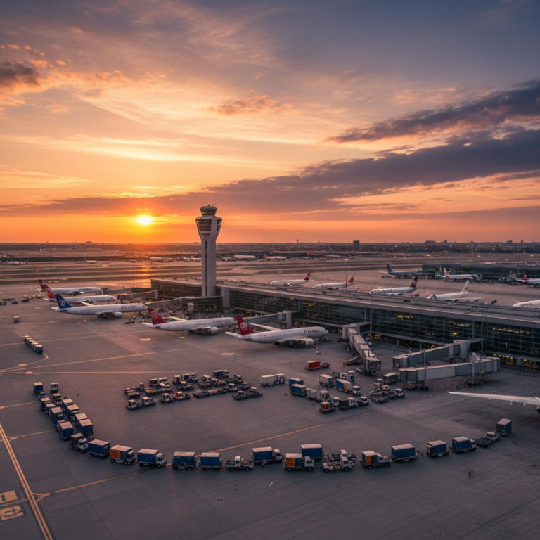 Wide panoramic view of planes and infrastructure representing effective airport asset management at a busy international hub.