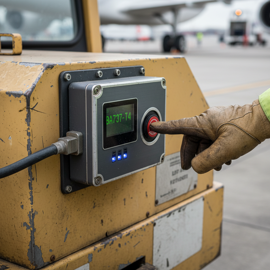 Close up of a digital sensor on a baggage tractor used for precision airport equipment tracking during daily operations.