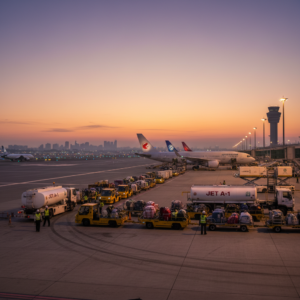 Wide view of airport ground vehicles on the tarmac showcasing a fleet managed by airport equipment tracking systems.