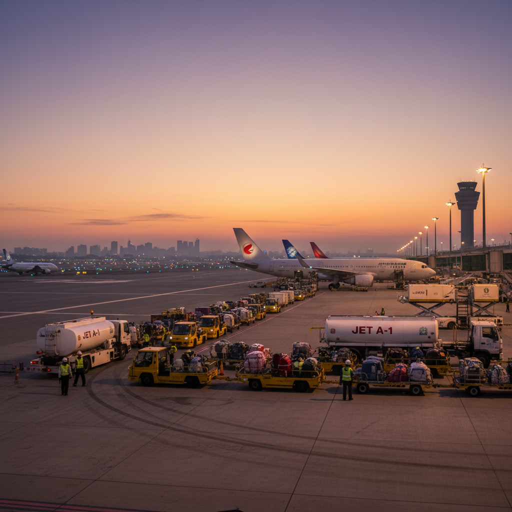 Wide view of airport ground vehicles on the tarmac showcasing a fleet managed by airport equipment tracking systems.