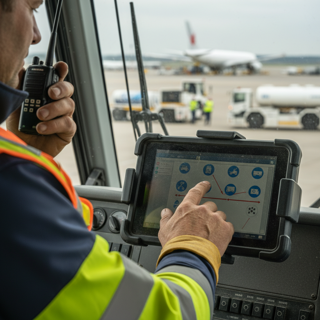 Detalhe ilustrando airport ground handling equipment management em contexto operacional, complementar ao texto.