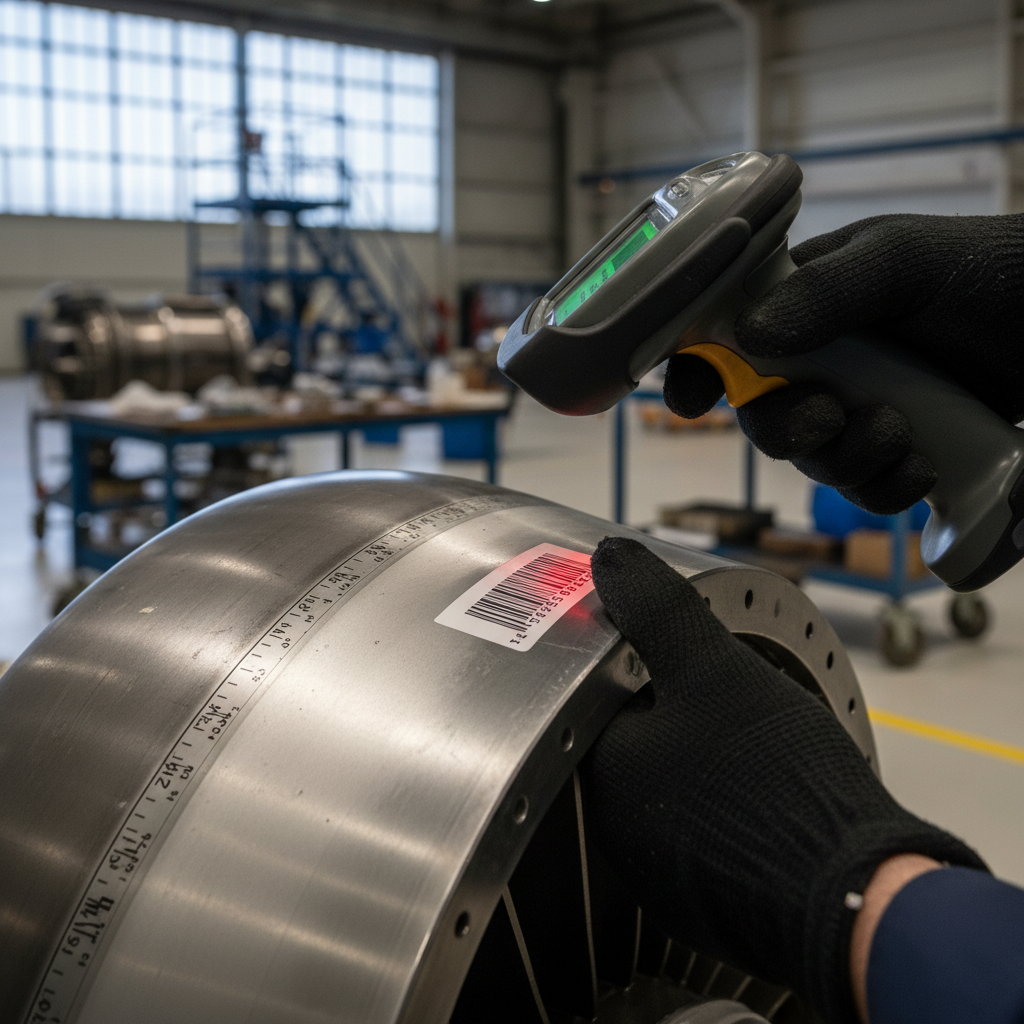 Close up of a technician scanning a part using an airport inventory management system in a professional hangar setting.