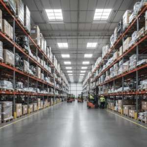 Wide view of a busy warehouse showing the scale of an airport inventory management system with rows of aviation parts.