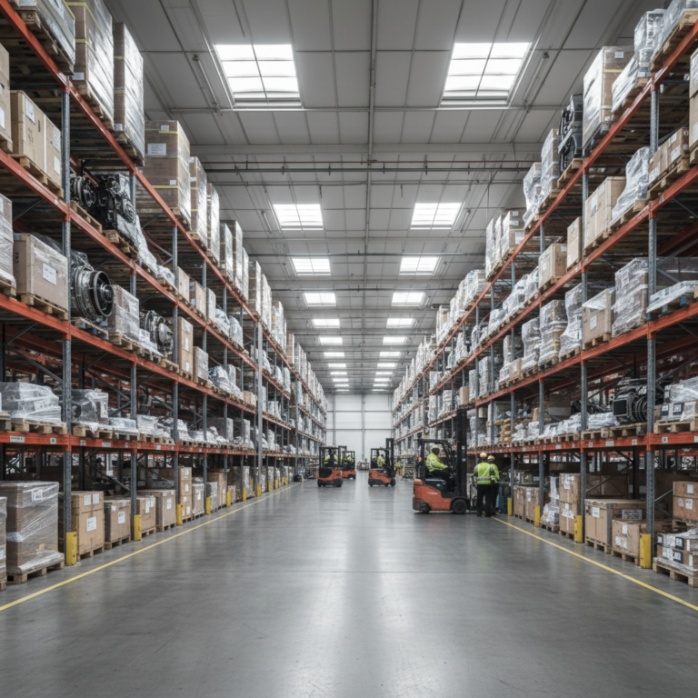 Wide view of a busy warehouse showing the scale of an airport inventory management system with rows of aviation parts.