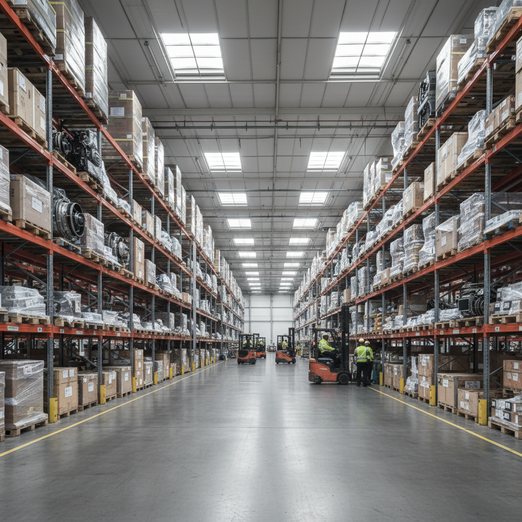 Wide view of a busy warehouse showing the scale of an airport inventory management system with rows of aviation parts.