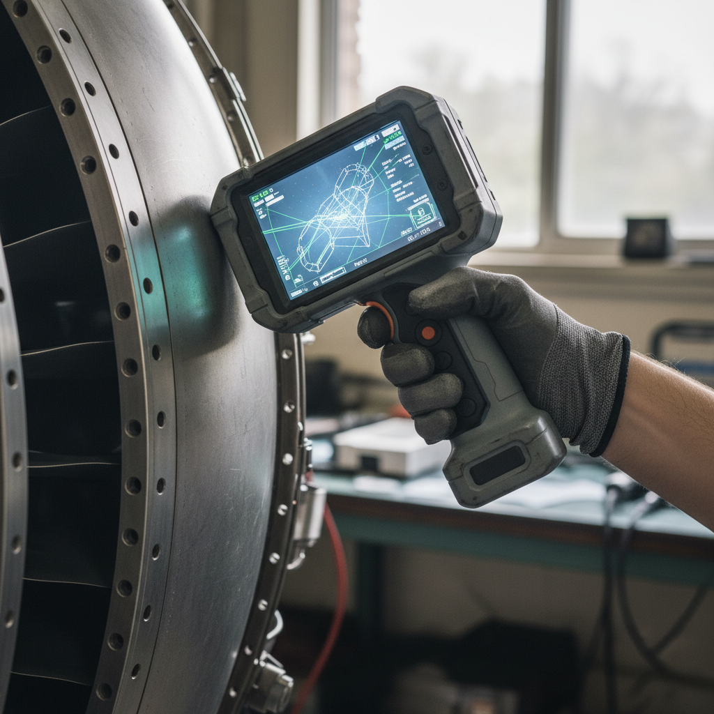 Close up of a technician scanning a jet engine part for asset tracking in aircraft manufacturing in a bright hangar.