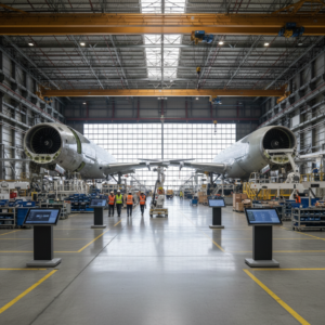 Wide view of a hangar showing asset tracking in aircraft manufacturing with technicians and large fuselage sections.