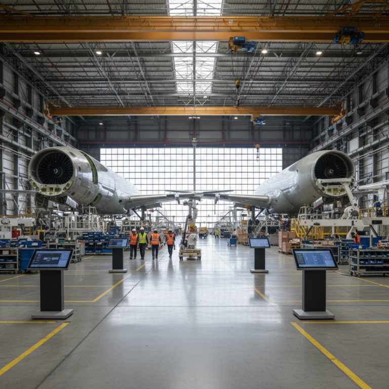 Wide view of a hangar showing asset tracking in aircraft manufacturing with technicians and large fuselage sections.