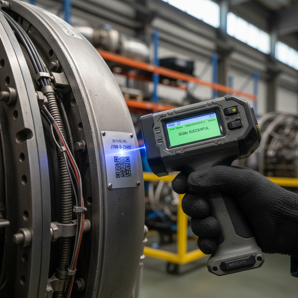 Close up of a technician scanning a serialized part to ensure aviation asset traceability for audits and digital compliance.