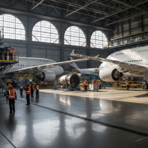 Wide view of a hangar showing aviation asset traceability for audits during large scale aircraft maintenance inspections.