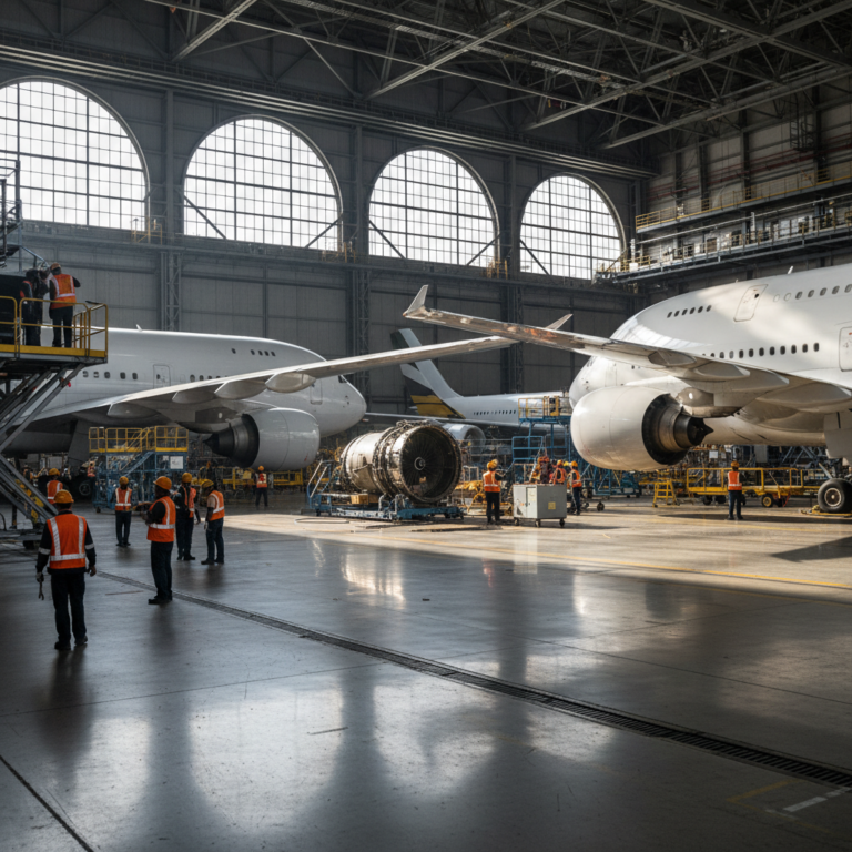 Wide view of a hangar showing aviation asset traceability for audits during large scale aircraft maintenance inspections.