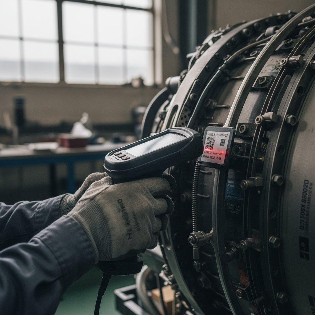 Technician scans an engine component to ensure aviation asset tracking compliance during a detailed inspection.