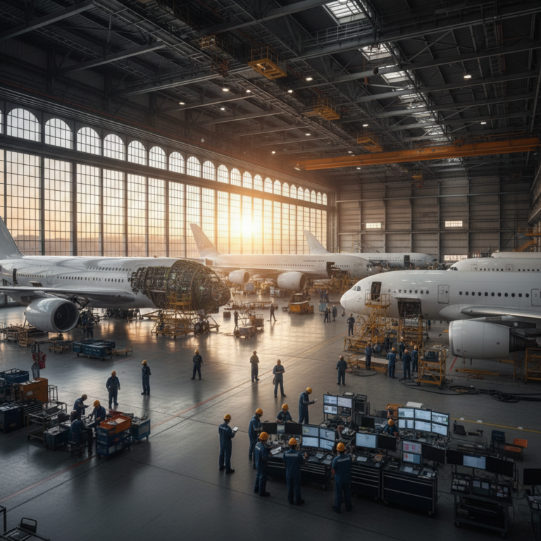 Wide view of a hangar showing systematic fleet maintenance for aviation asset tracking compliance and safety.