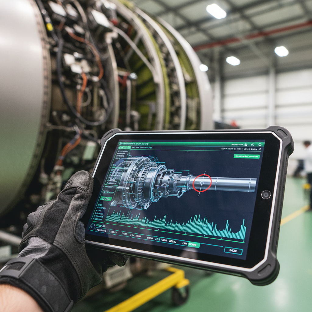 Close up of a technician using a digital tablet for aviation asset tracking cost savings during engine maintenance.