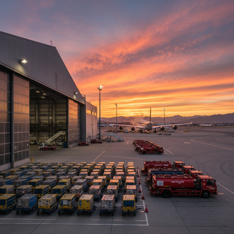 Wide view of airport ground equipment and hangars illustrating aviation asset tracking cost savings in fleet scale.