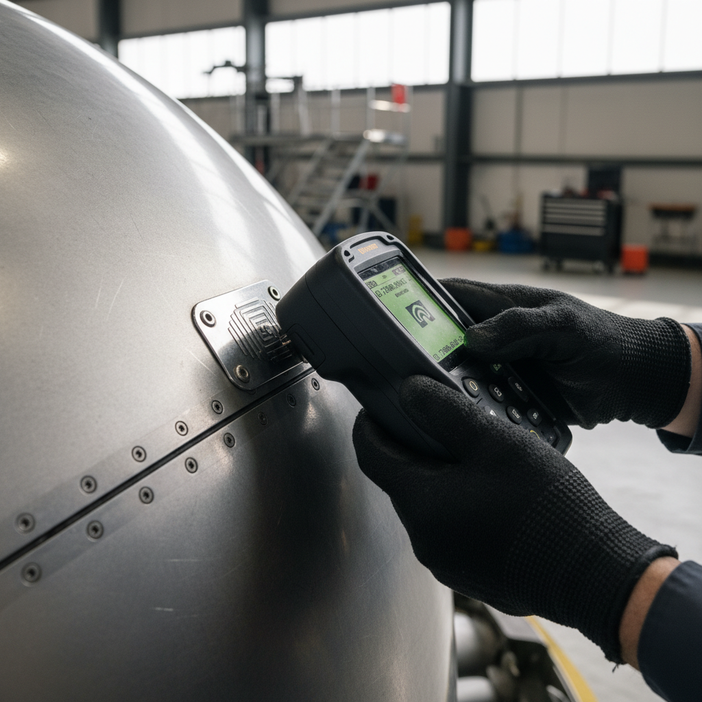 Close up of a technician scanning engine parts to ensure aviation asset tracking regulatory compliance during inspection.