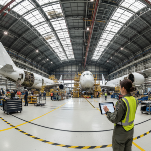 Wide view of an aircraft hangar showing scale and aviation asset tracking regulatory compliance in a professional setting.