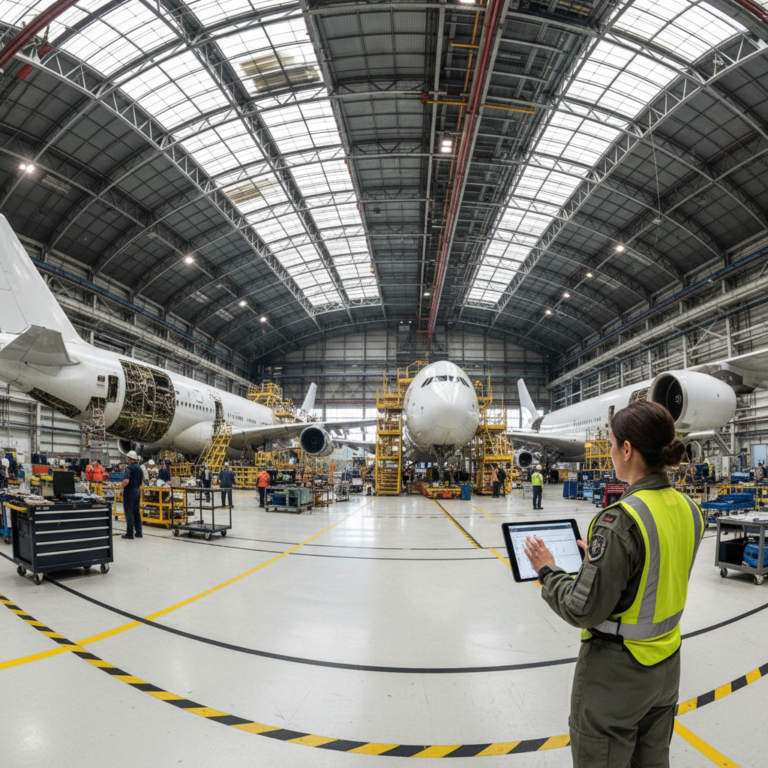 Wide view of an aircraft hangar showing scale and aviation asset tracking regulatory compliance in a professional setting.