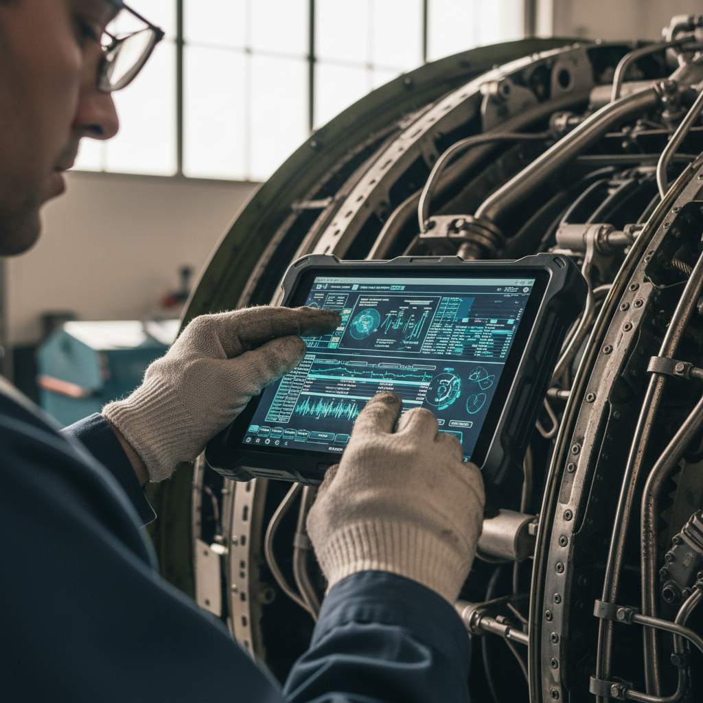 A close up of a technician inspecting a jet engine to optimize aviation asset utilization through proactive maintenance.