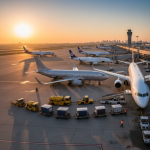 Wide view of a busy airport terminal with multiple airplanes to illustrate efficient aviation asset utilization at scale.