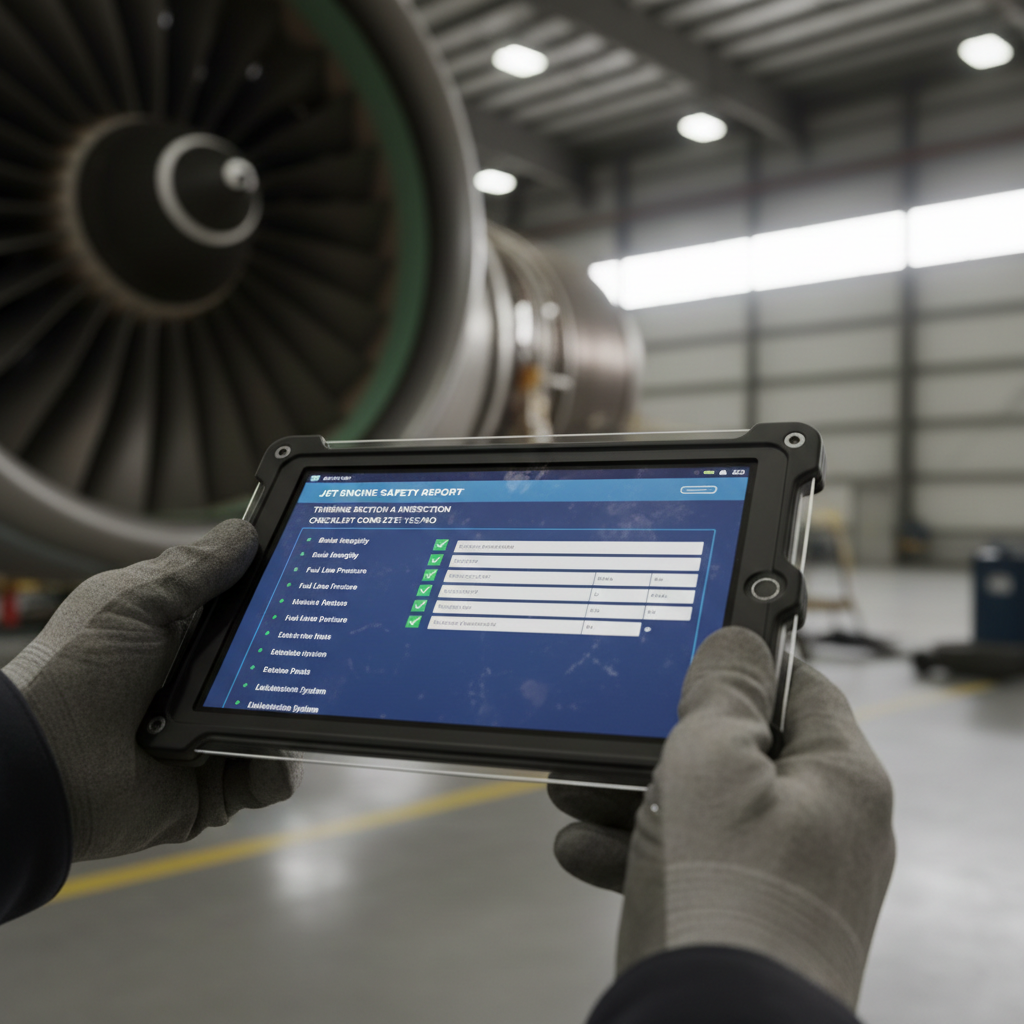 Close up of a tablet screen running aviation compliance tracking solutions next to a jet engine during a safety inspection